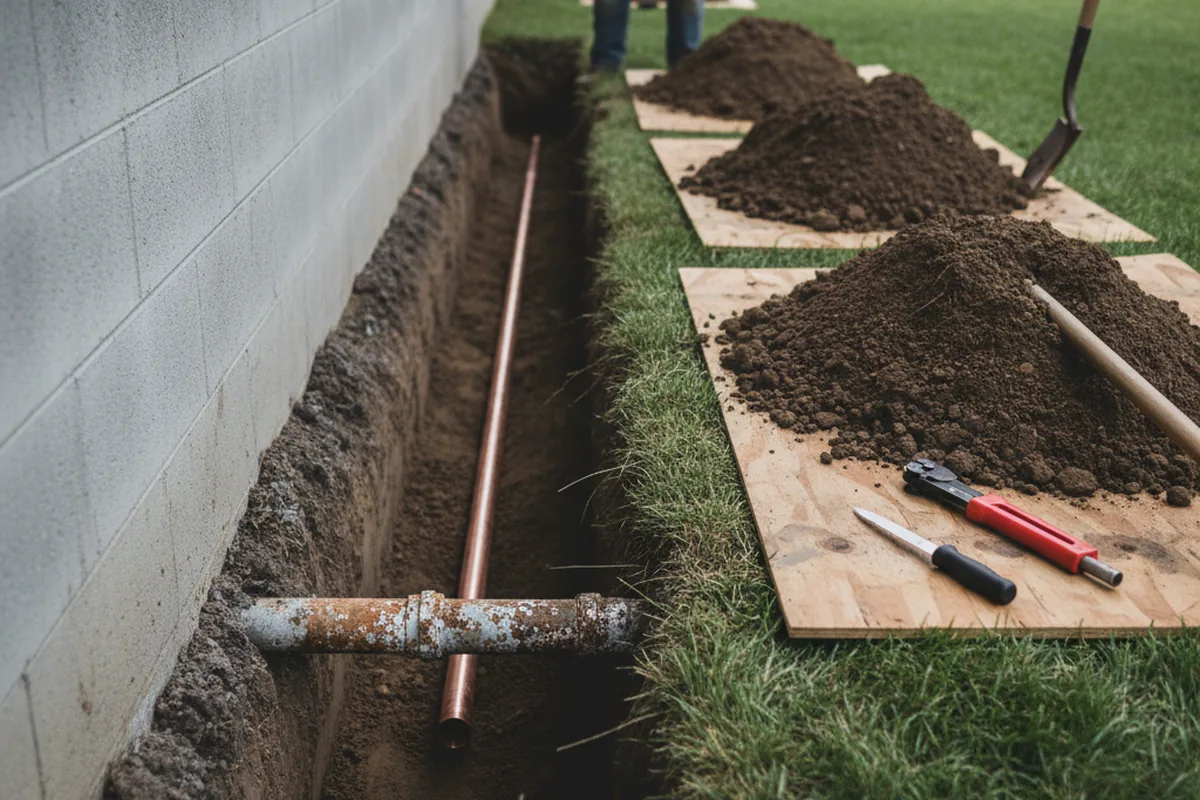 Excavated water line trench during Water Heater Repair in Edgewood